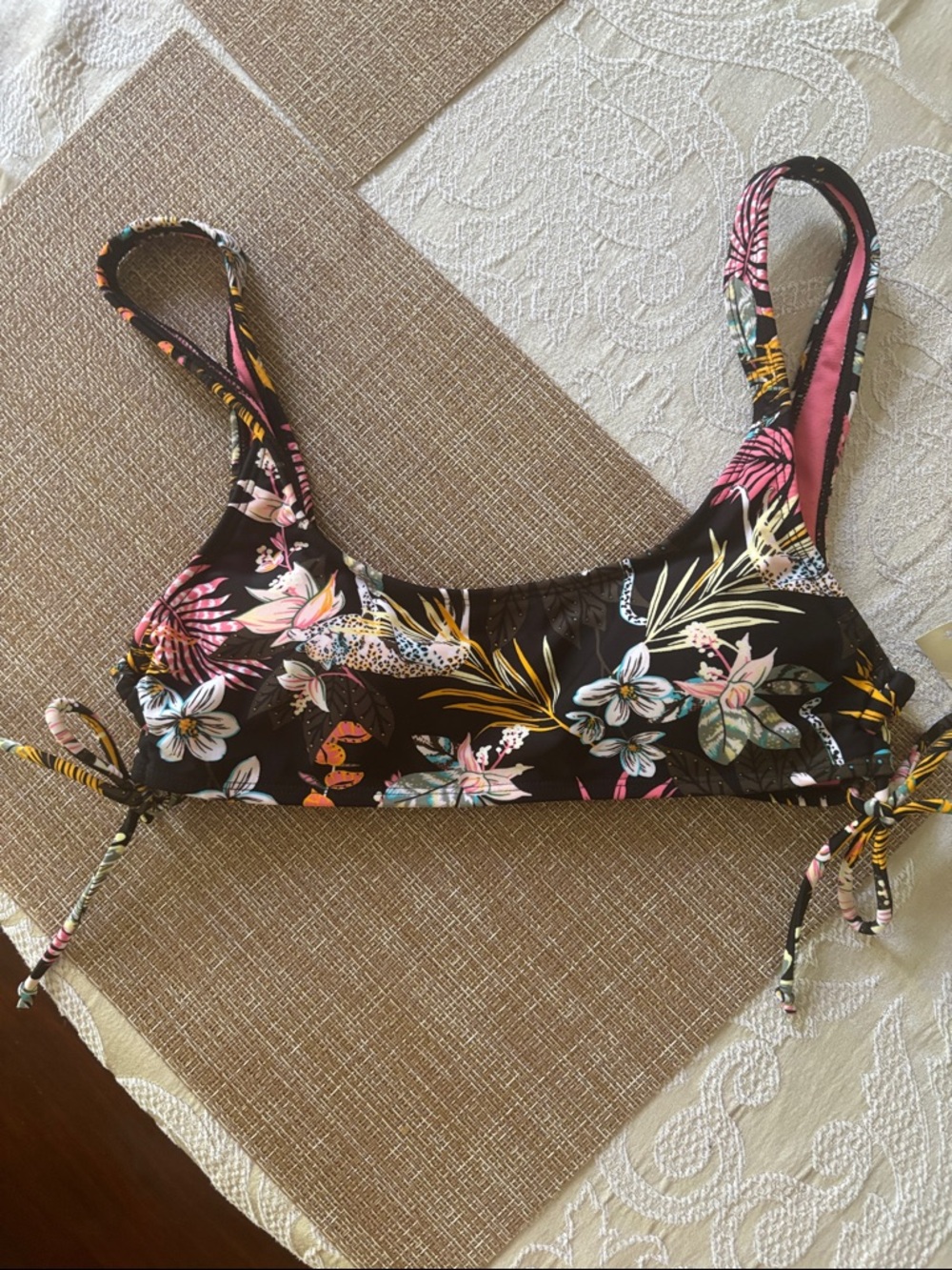 No Boundaries Black Floral Bikini Top with Pink, tiger jungle theme